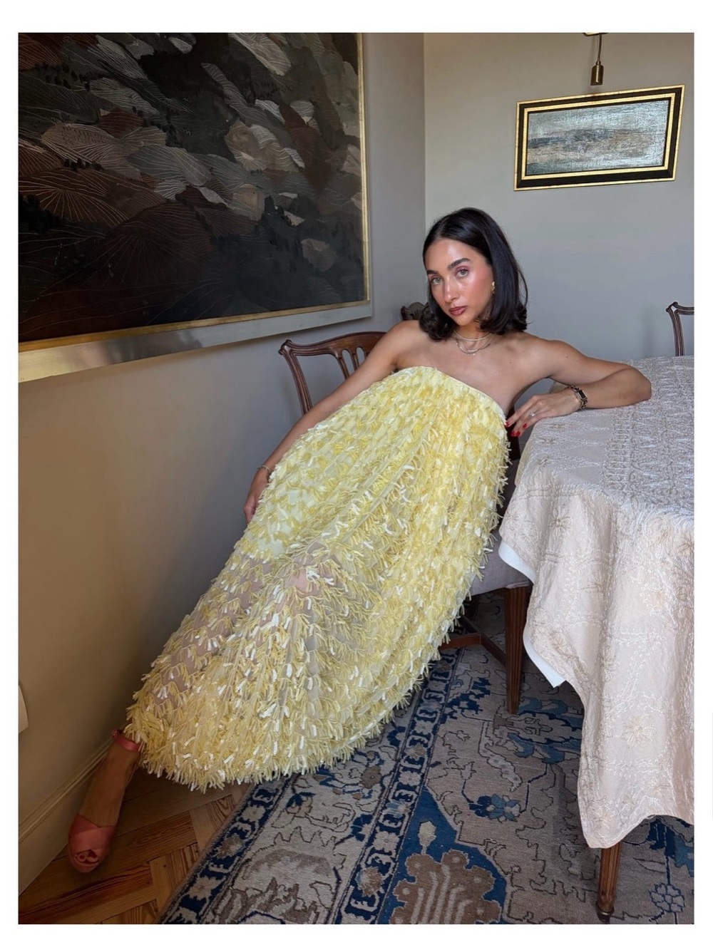Strapless Yellow Maxi Dress with Petal-Textured Overlay